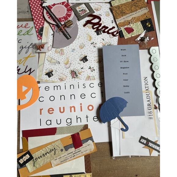 Lot 75 Journaling Scrapbooking Stickers Die Cuts Brads Eyelets Ribbon Flowers - Picture 6 of 9